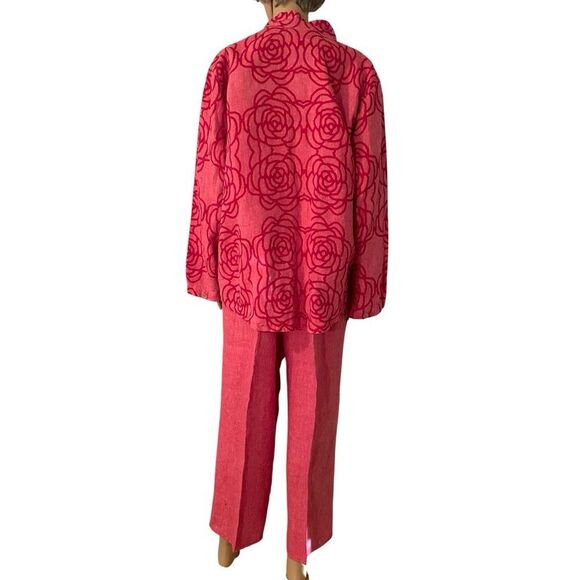 FLAX Jeanne Engelhart Women’s Linen Three Piece Coral Pink Rose Print Set - Picture 2 of 16